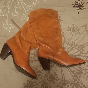 Stitched leather butterfly heeled cowboy boots